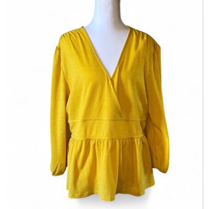 Ann Taylor Factory Yellow Peplum Blouse V-Neck Long Sleeve Size L
